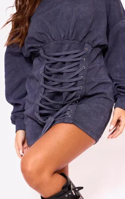 Charcoal Acid Washed Lace Up Long Sleeve Sweater Dress