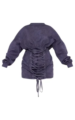 Charcoal Acid Washed Lace Up Long Sleeve Sweater Dress