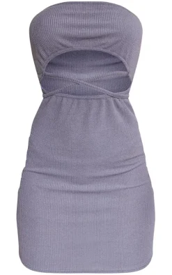 Charcoal Bandeau Cut Out Front Crinkle Rib Bodycon Dress