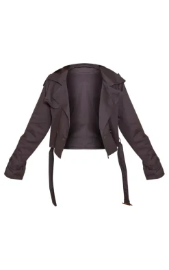 Charcoal Belted Hem Cropped Trench Coat