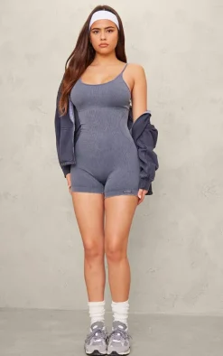 Charcoal Blue Acid Wash Seamless Gym Unitard