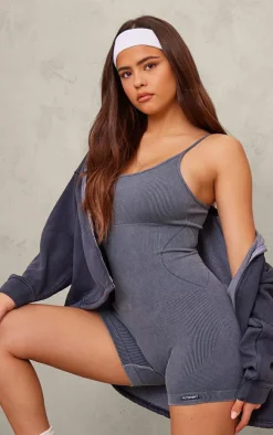 Charcoal Blue Acid Wash Seamless Gym Unitard