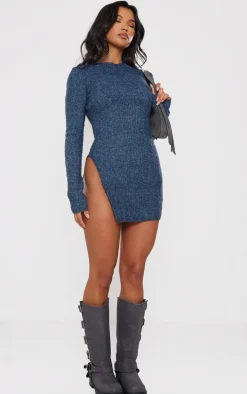 Charcoal Blue Luxe Knit Open Back Side Split Mini Dress