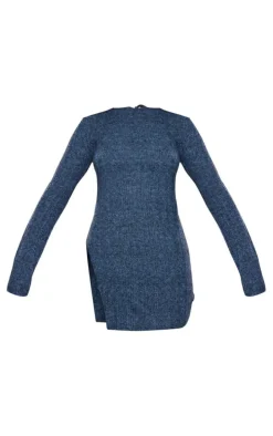 Charcoal Blue Luxe Knit Open Back Side Split Mini Dress