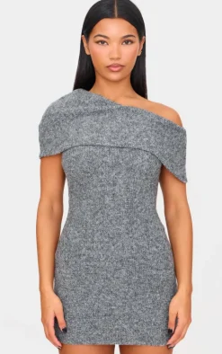 Charcoal Brushed Rib Asymmetric Bodycon Dress