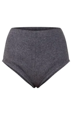 Charcoal Brushed Rib Lace Hem Mini Shorts