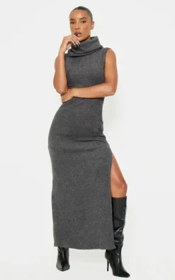 Charcoal Brushed Rib Roll Neck Maxi Dress