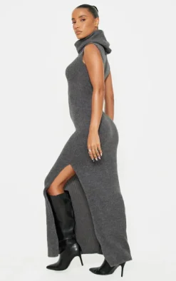 Charcoal Brushed Rib Roll Neck Maxi Dress