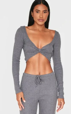 Charcoal Brushed Rib Twist Front Long Sleeve Bardot Top