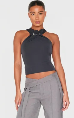 Charcoal Buckle Neck Detail Woven Long Top