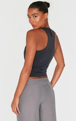 Charcoal Buckle Neck Detail Woven Long Top