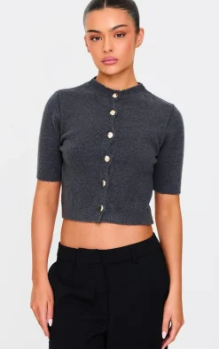 Charcoal Button Up Cap Sleeve Boucle Knit Cardigan