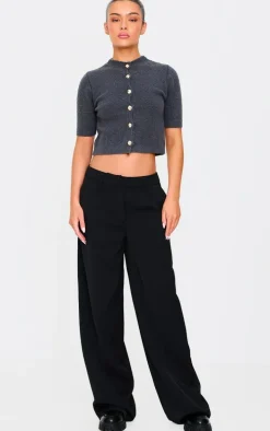 Charcoal Button Up Cap Sleeve Boucle Knit Cardigan