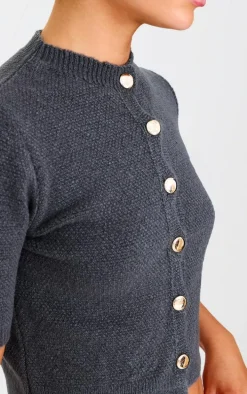 Charcoal Button Up Cap Sleeve Boucle Knit Cardigan