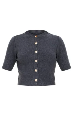 Charcoal Button Up Cap Sleeve Boucle Knit Cardigan