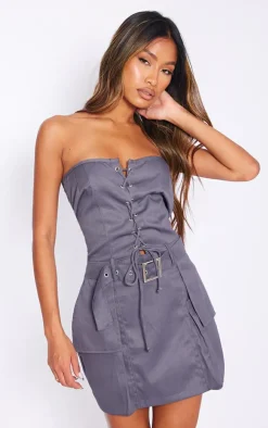 Charcoal Cargo Belted Wrap Lace Up Bodycon Dress