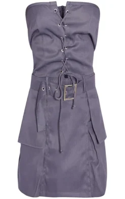 Charcoal Cargo Belted Wrap Lace Up Bodycon Dress