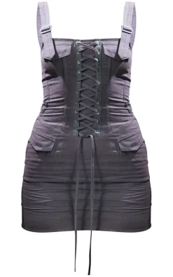 Charcoal Cargo Lace Up Detail Buckle Strap Bodycon Dress