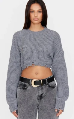 Charcoal Chunky Knit Distressed Hem Crop Sweater