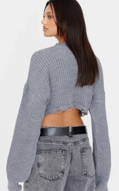 Charcoal Chunky Knit Distressed Hem Crop Sweater