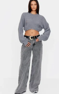 Charcoal Chunky Knit Distressed Hem Crop Sweater