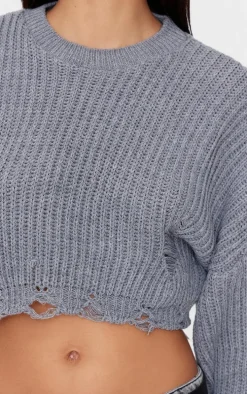 Charcoal Chunky Knit Distressed Hem Crop Sweater