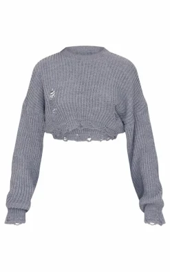 Charcoal Chunky Knit Distressed Hem Crop Sweater