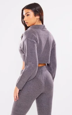 Charcoal Collared Crop Knit Sweater