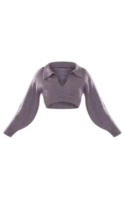 Charcoal Collared Crop Knit Sweater