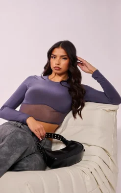 Charcoal Contrast Fabric Long Sleeve Crop Top