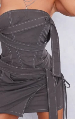 Charcoal Contrast Stitch Strap Detail Wrap Skirt Bandeau Bodycon Dress