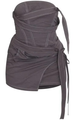 Charcoal Contrast Stitch Strap Detail Wrap Skirt Bandeau Bodycon Dress