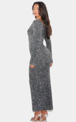 Charcoal Contrast Tinsel Knit Cut Out Detail Maxi Dress