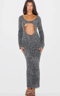 Charcoal Contrast Tinsel Knit Cut Out Detail Maxi Dress