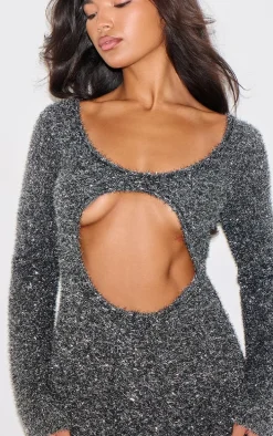 Charcoal Contrast Tinsel Knit Cut Out Detail Maxi Dress