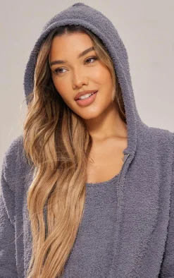 Charcoal Cosy Long Sleeve Zip Up Hooded Pajama Top