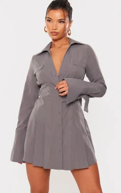 Charcoal Cotton Poplin Pleated Flared Sleeve Shirt Dress