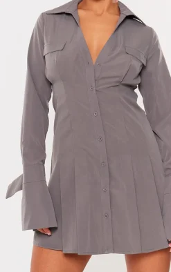 Charcoal Cotton Poplin Pleated Flared Sleeve Shirt Dress