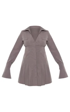 Charcoal Cotton Poplin Pleated Flared Sleeve Shirt Dress