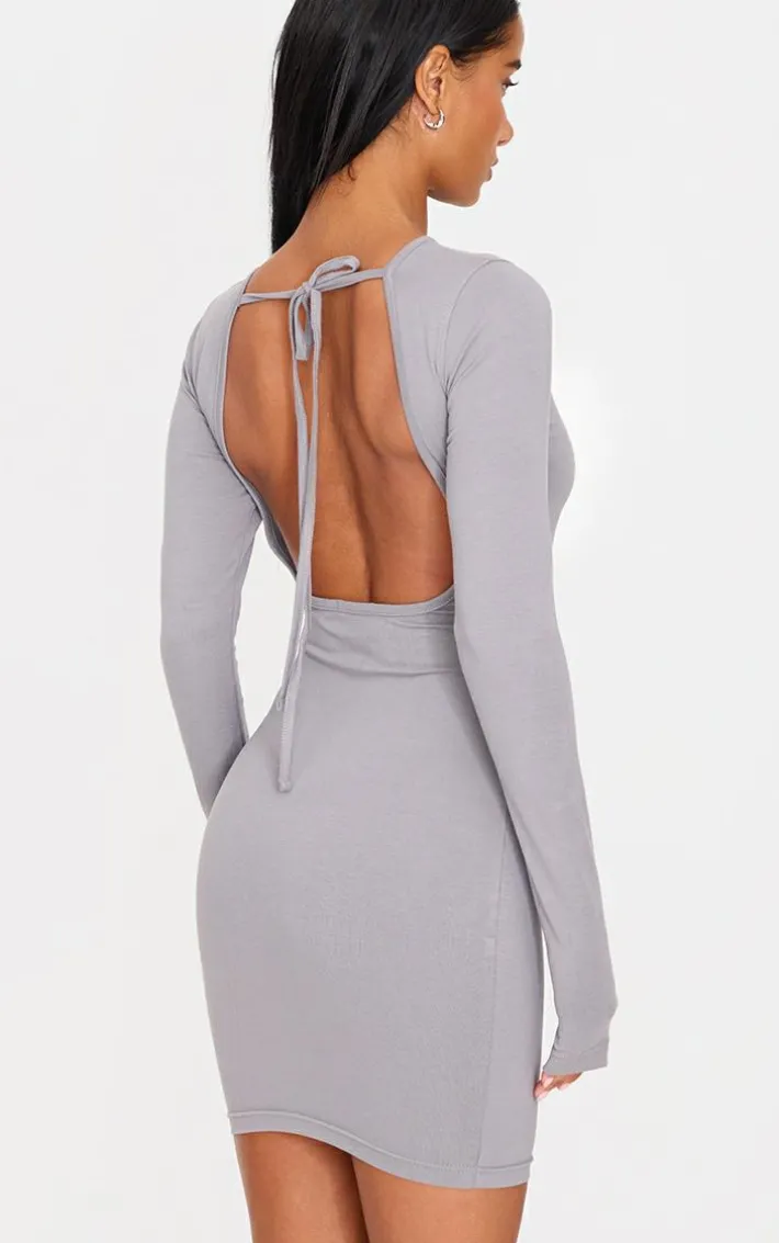 Charcoal Cotton Tie Scoop Back Mini Dress