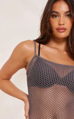 Charcoal Crochet Knit Slim Maxi Beach Dress