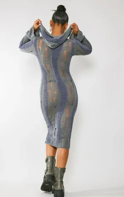 Charcoal Distressed Contrast Fluffy Knit Hooded Midi Dress