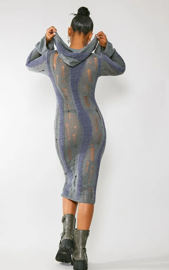 Charcoal Distressed Contrast Fluffy Knit Hooded Midi Dress