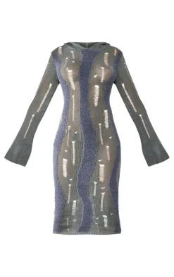 Charcoal Distressed Contrast Fluffy Knit Hooded Midi Dress