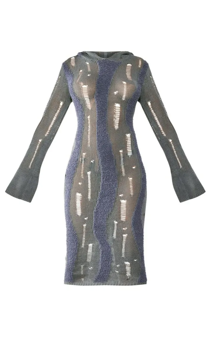 Charcoal Distressed Contrast Fluffy Knit Hooded Midi Dress