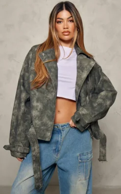 Charcoal Distressed Faux Leather Oversized Biker Jacket