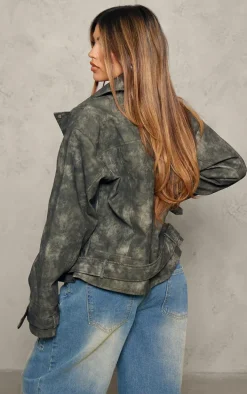Charcoal Distressed Faux Leather Oversized Biker Jacket