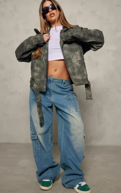 Charcoal Distressed Faux Leather Oversized Biker Jacket