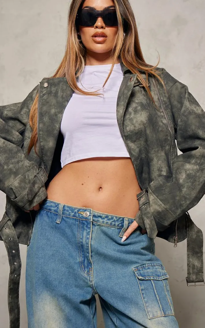 Charcoal Distressed Faux Leather Oversized Biker Jacket