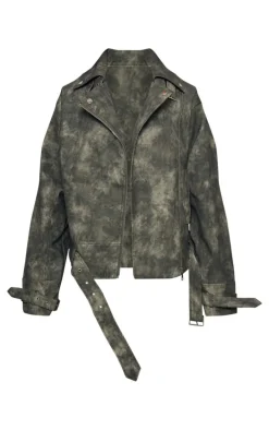 Charcoal Distressed Faux Leather Oversized Biker Jacket